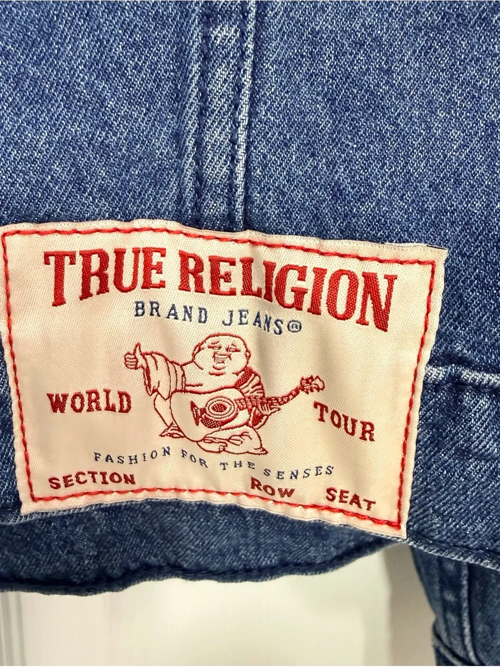True Religion Men's Blue Denim Trucker Jacket with Red Stitching